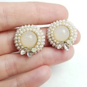 Vintage Faux Pearl and Rhinestone Stud Earrings, Cabochon Center, Neutral Color